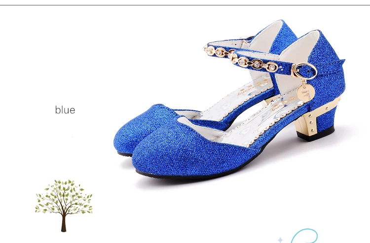 Новинка; элегантные сандалии для девочек; детская обувь принцессы; босоножки на высоком каблуке; тонкие туфли для студентов; туфли с пряжкой; цвет синий; Размеры 26-38; C586