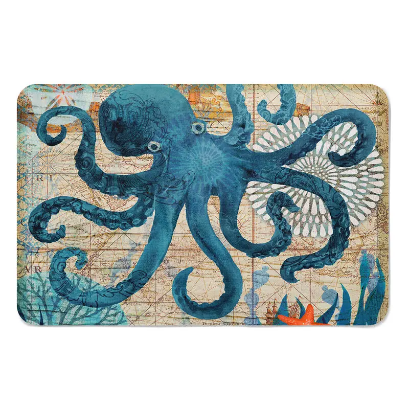 

Home Decor Mediterranean Octopus Turtles Rug Non-slip Kitchen Rugs for Home Living Room Floor Mats 40X60CM