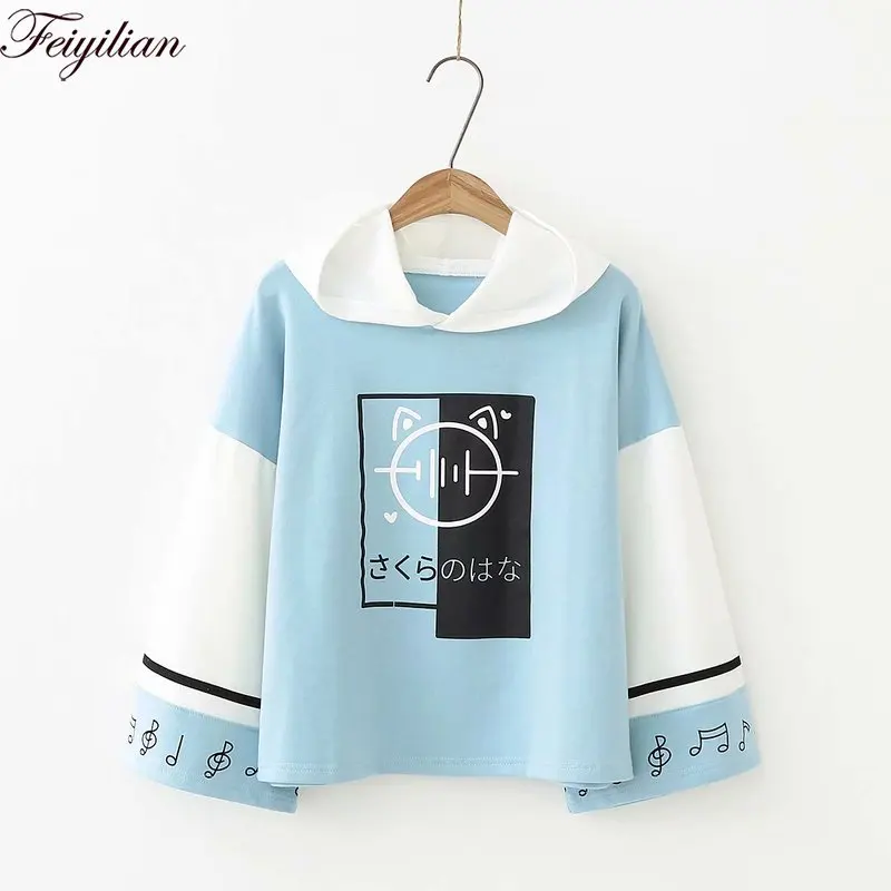  Preppy Style Note Printed Cotton Hoodies Sweatshirts 2018 Autumn Women Long Sleeve Student Hooded P