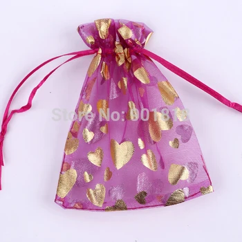 

25pcs/lot 9*12cm Purple Drawstring Gold Heart Hot Stamping Christmas Organza Bags Jewelry Pouches Wedding gift Bags F1761