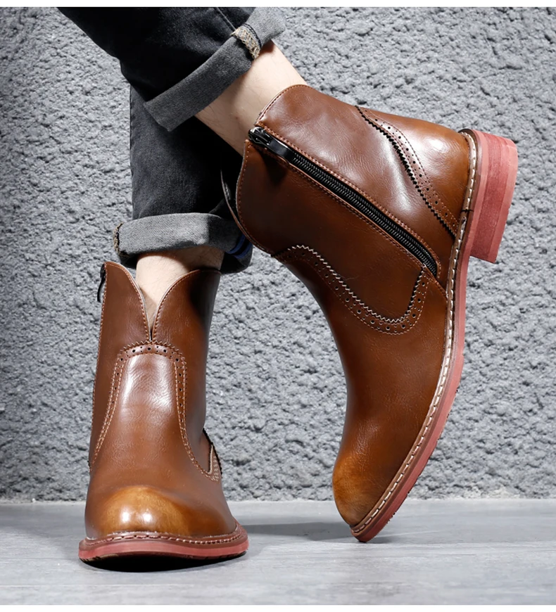 Men's Boot Slip-on Ankle Desert Boots Mens Black Leather Boots Men Winter Shoes Waterproof Military Boots' Men Combat Plus Size  (11)