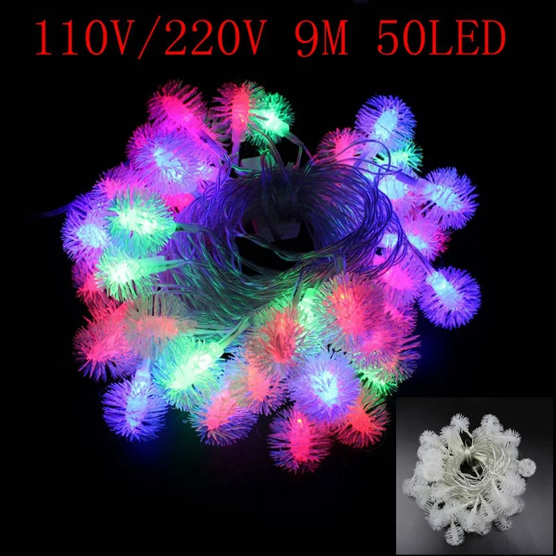 

9M 50LED String Light Snow Pompon Christmas Xmas Wedding Party Decoration Lights AC 110V 220V Outdoor Indoor Waterproof Colorful