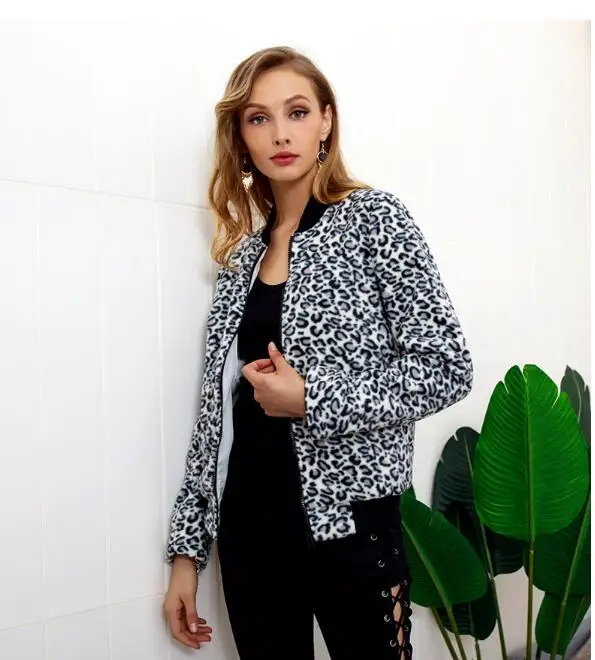 Casual baseball Sweatshirt Bomber Coat Women's Contrast Leopard Print Jacket Zip Long Sleeve Jacket