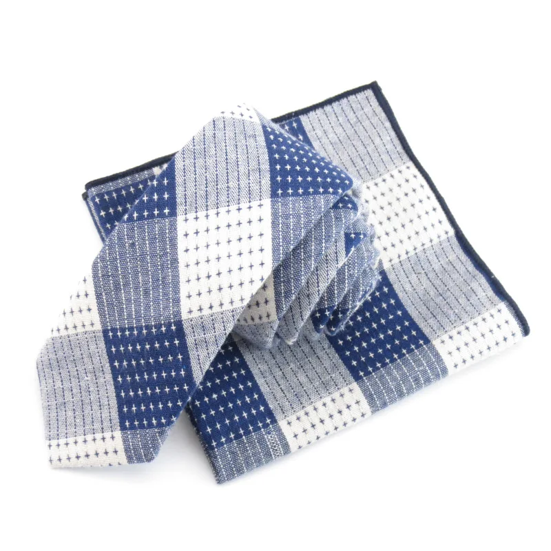  Men's navy white Plaid Ties s Bowtie 100% cotton Tie star poin Handkerchief Accessories For Men fas