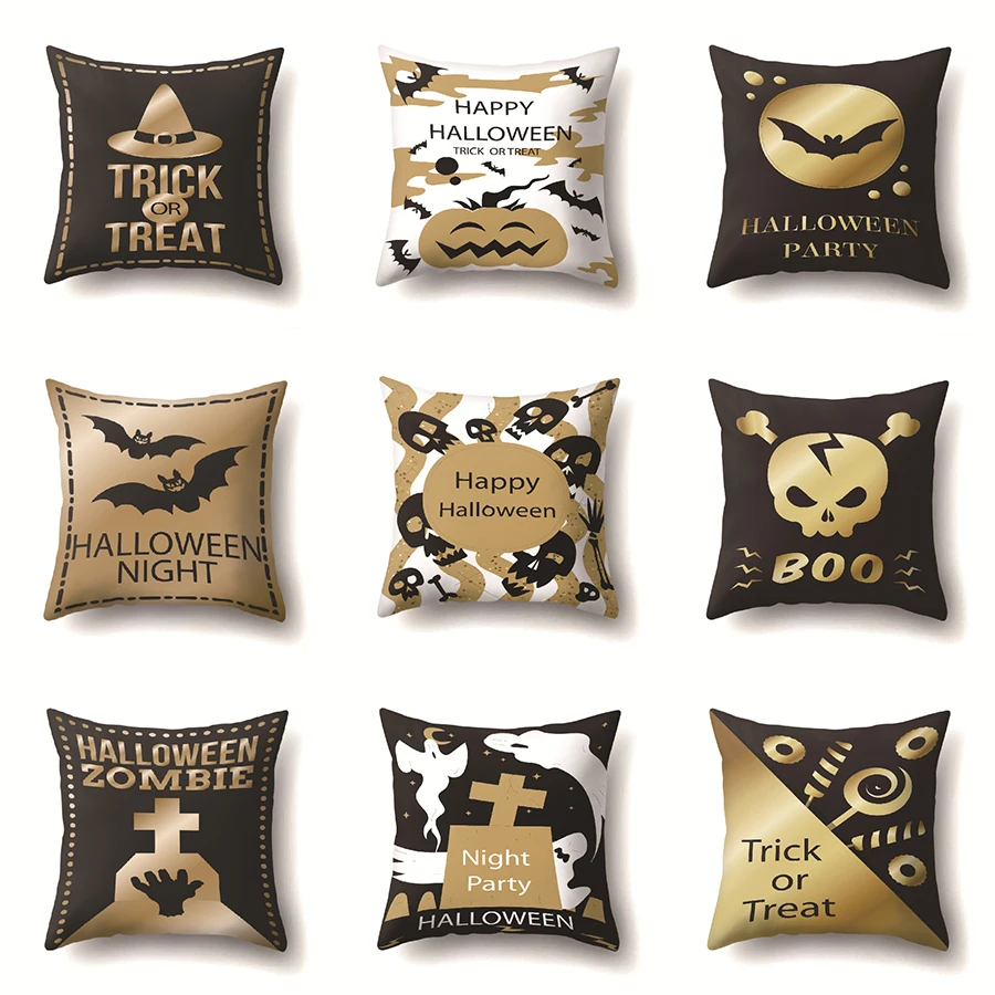 

New Black Gold Cushion Cover Letter Pumpkin Bats Mask Halloween day Party Horror Makeup Pillowcase Decoration for Home Sofa Car