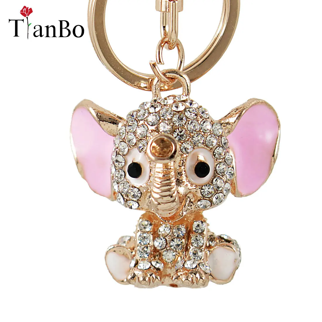 

Rhinestone Crystal Elephant Keychain Pattern Purse Bag Car Charm Key Ring Buckle Clasp Gifts Pink Ear White Body Crystal