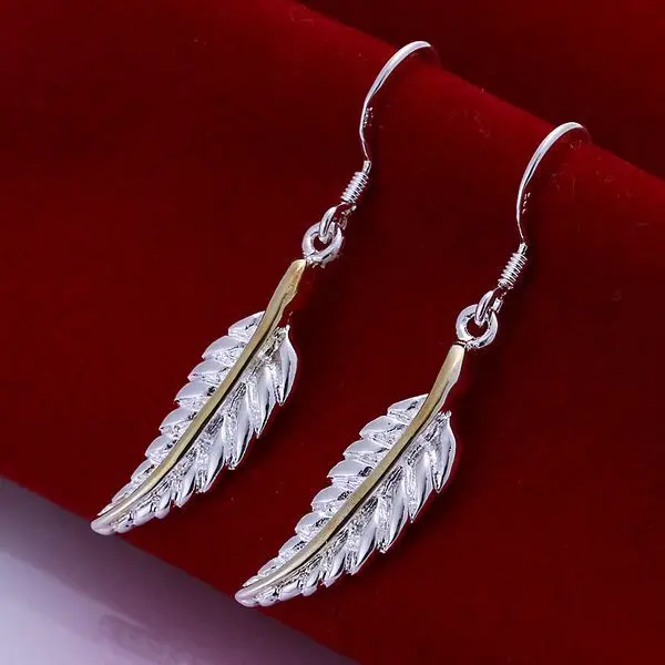 

Wholesale High Quality Jewelry 925 jewelry silver plated Fashion Feather Earrings for Women best gift SMTE038