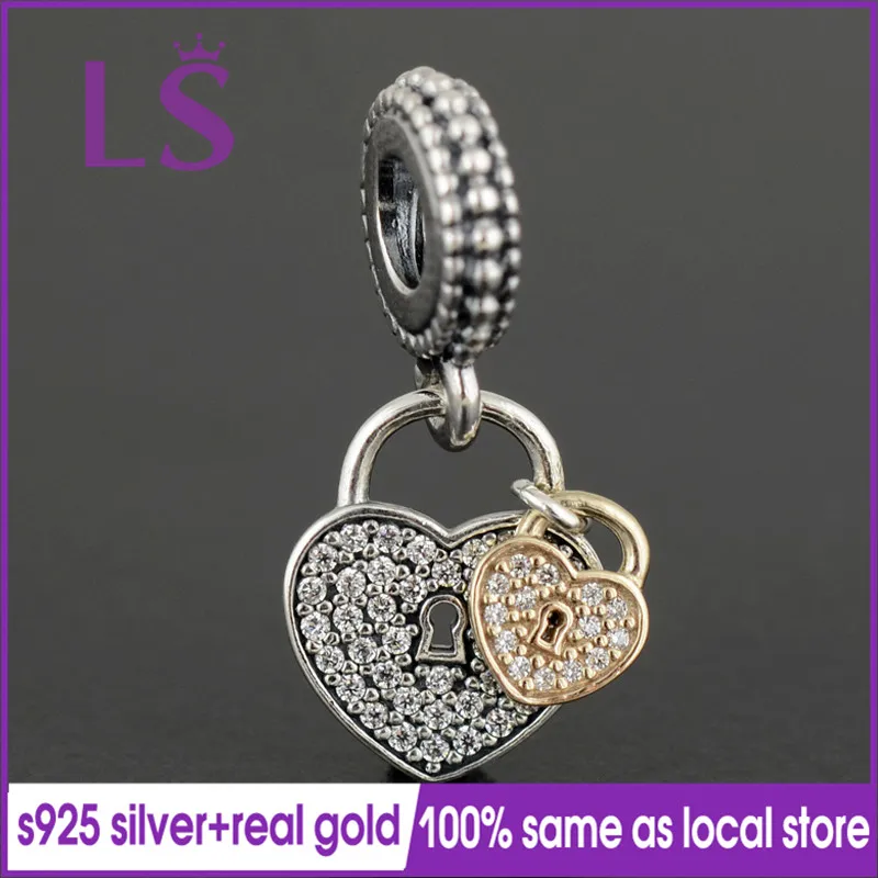 

LS 100% Silver & 1.4.k Real G.old Love Locks Pendant Charm Fit Original Bracelets Pulseira Pingente 100% Original Fine Jewelry N