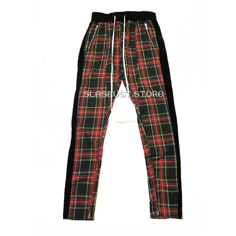 

Multicolored Plaid Slim Thin Track Pants Hip Hop Velour Stripe Trouser Zipped Ankles Overlong Cotton Drawstring