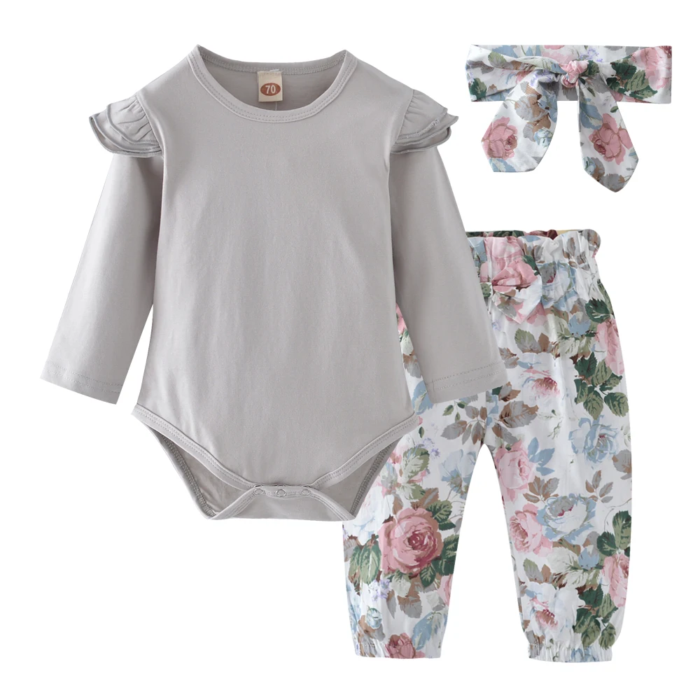 

3Pcs Newborn Baby Girl Clothing Playsuit Bodysuit Long Sleeve Tops Flower Pants Headbands Cute Outfits Clothes Set Bbay Girls