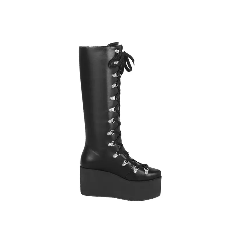 Stiefel Militär Kampf Keile Hohe Up Ymechic Frauen Schuhe Gothic 2018 Lange Punk Fashion Plus Schwarzes Größe Lace Damen Knie Plattform wAAX0aT