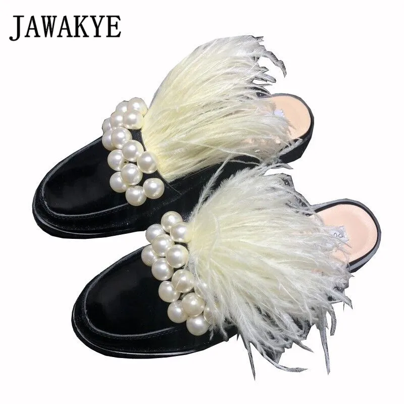 

2019 Spring ostrich feather slippers women leather Round toe woman flat shoes summer fashionpearl beach casual shoes women