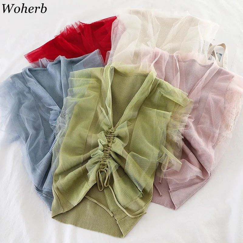 

Woherb 2019 Summer Thin Knitted Tank T Shirt Women Casual Tops Elegant Gauze Patch Pleated Sleeveless Vest Korean Modis 22574