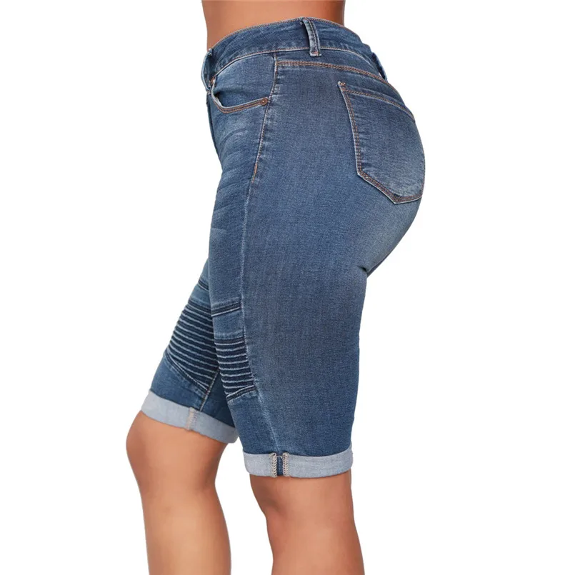 New Women Summer Mid Rise Elastic Zip Skinny Denim Knee Length Curvy Stretch Solid Jeans Fashion Vintage Shorts Jeans #4R09 (4)
