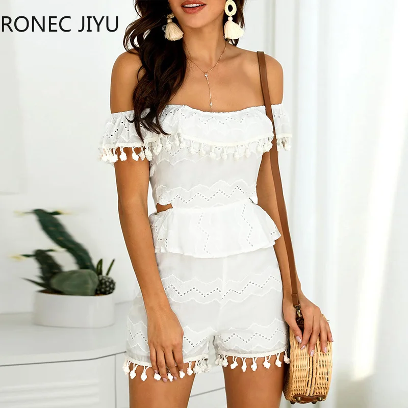 Выдалбливают Кружева Pom Poms Peplum Playsuit для женщин 2019|Комбинезоны c шортами| |