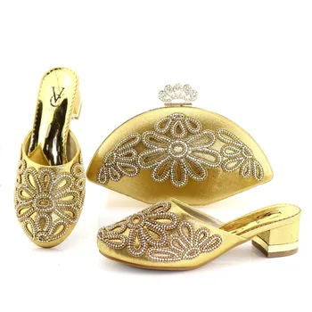 

2 inches low heel shoes and bag to match african italian design shoe and bag african shoes bag set in gold free ship SB8202-4