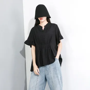 

2020 Summer New Solid Color Pleated All Match Streetwear T Shirt Female Irregular Trend Short Sleeve Tees Loose Tops A71Z40