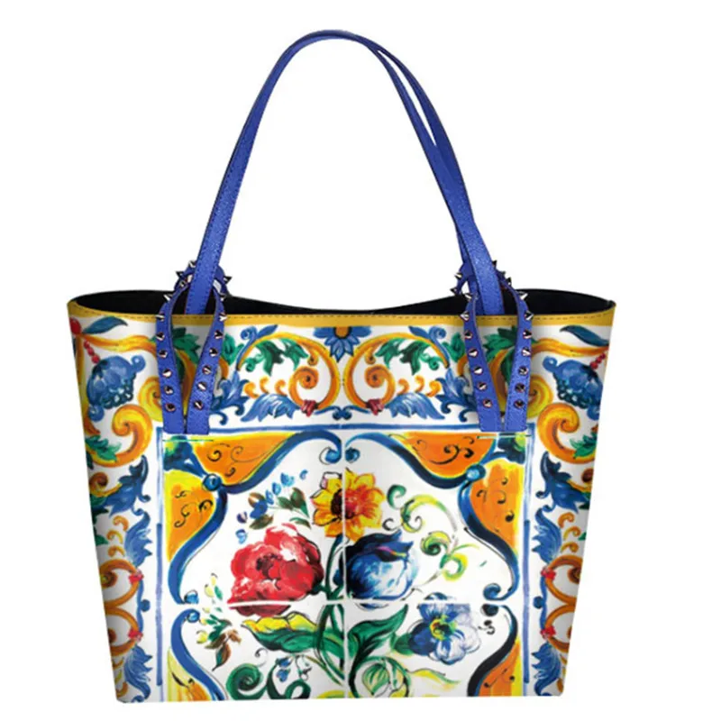 Роскошная итальянская брендовая сумка Sicily в этническом стиле, кожаная сумка Sicilian, женская сумка-шоппер, сумка-тоут от известного дизайнера, сумка на плечо с принтом, большие сумки - Цвет: 3