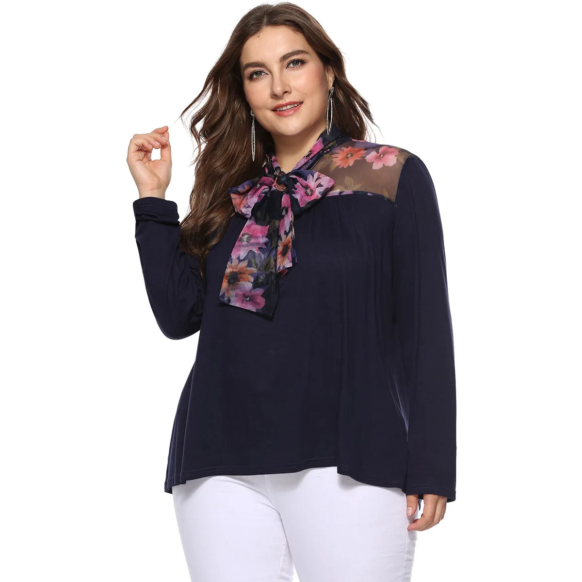 

New Fashion Navy Blue Casual T Shirt Woman Plus Size High Neck Long Sleeve Basic Tshirt Patchwork Loose Tops Autumn Winter 2019
