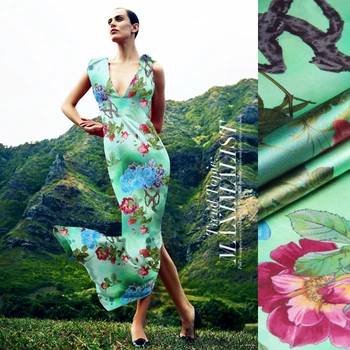 

jenny silkdouble printing silk fabric silk cloth LB Stretch Satin cheongsam clothing material [Yang] Green Peony