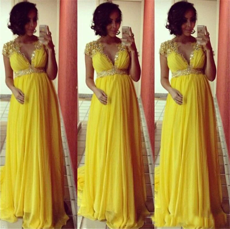 

Elegant Yellow Empire Chiffon Maternity Pregnant Evening Dresses With Short Sleeves Beads Crystal Long Formal Party Prom Gowns