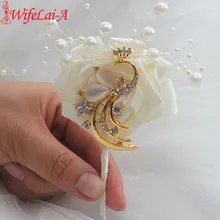 WifeLai-Свадебные корсажи цвета слоновой кости бутоньерка для жениха С Бриллиантами Золотой Павлин Кристалл Свадебные цветы жемчуг бисером цветы X994-17