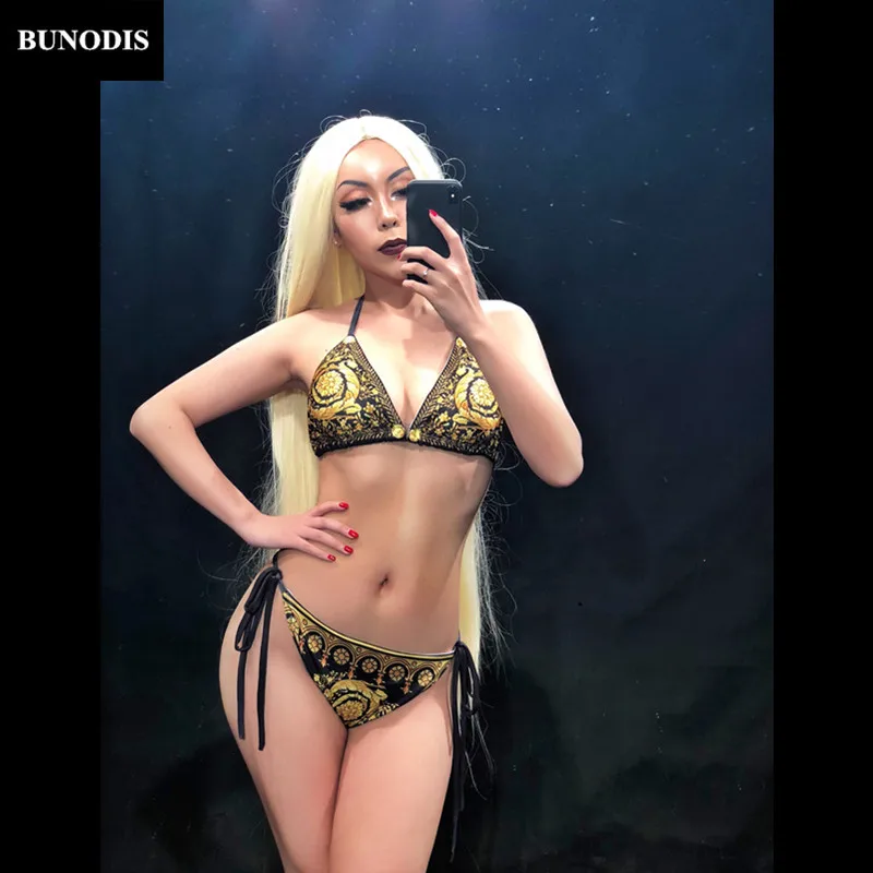 Costumes D'étape Usage Mode De Vêtements Impression Body Femmes Sexy Manteau Party Bling Défilé Bu187 Fleur Bikini Or Beach Oq6wB