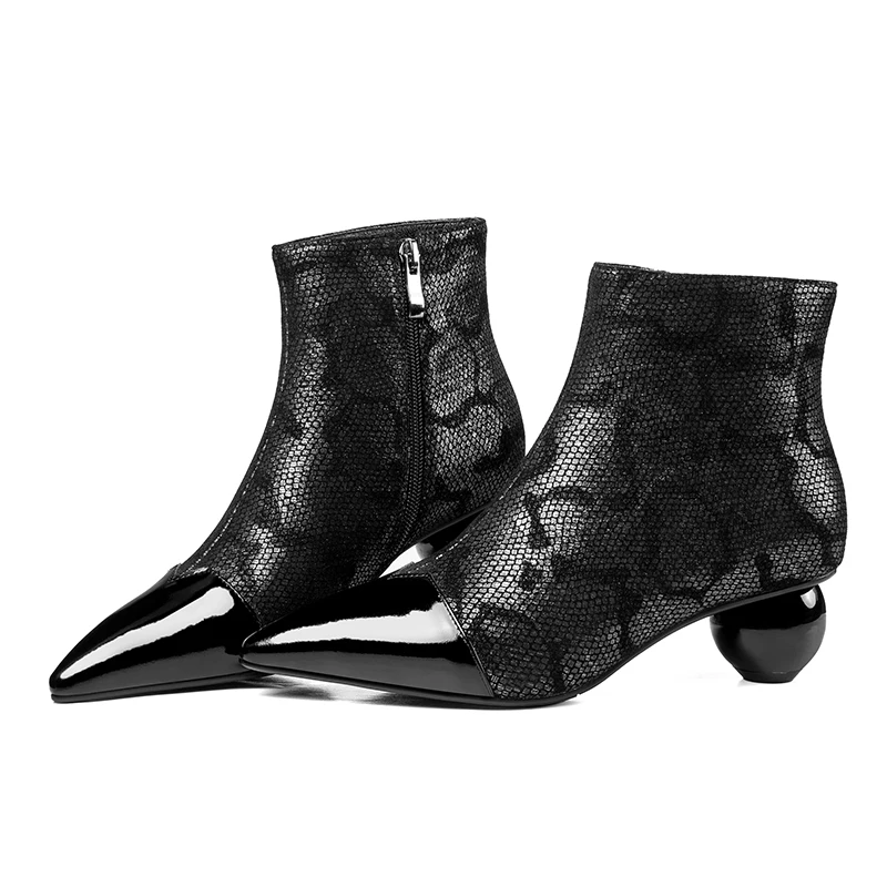 VANKARING الأزياء الطباعة جلد طبيعي الكاحل الأحذية أزياء النساء الخريف الشتاء عالية الكعب نوعية جيدة أسود وأشار اصبع القدم التمهيد