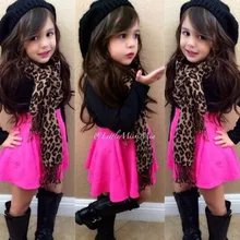 EMS, DHL,, костюм из 3 предметов для маленьких девочек Черная футболка с леопардовым принтом шарф, ярко-розовая юбка крутой костюм из 3 предметов