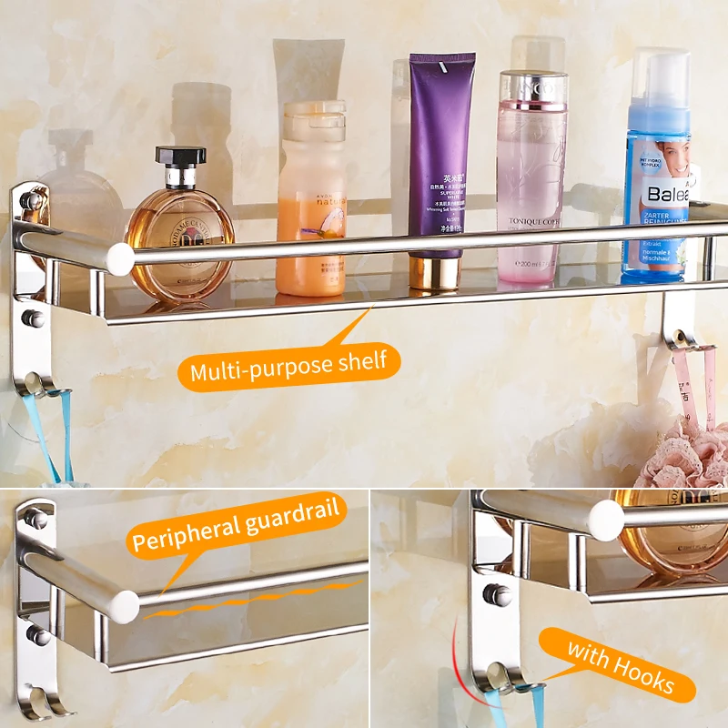 Bathroom Shelf Organizer Stainless Steel Corner Storage Holder Shelves Wall Mounted Toilet Shower Shampoo Cosmetic Rack 2 Hooks