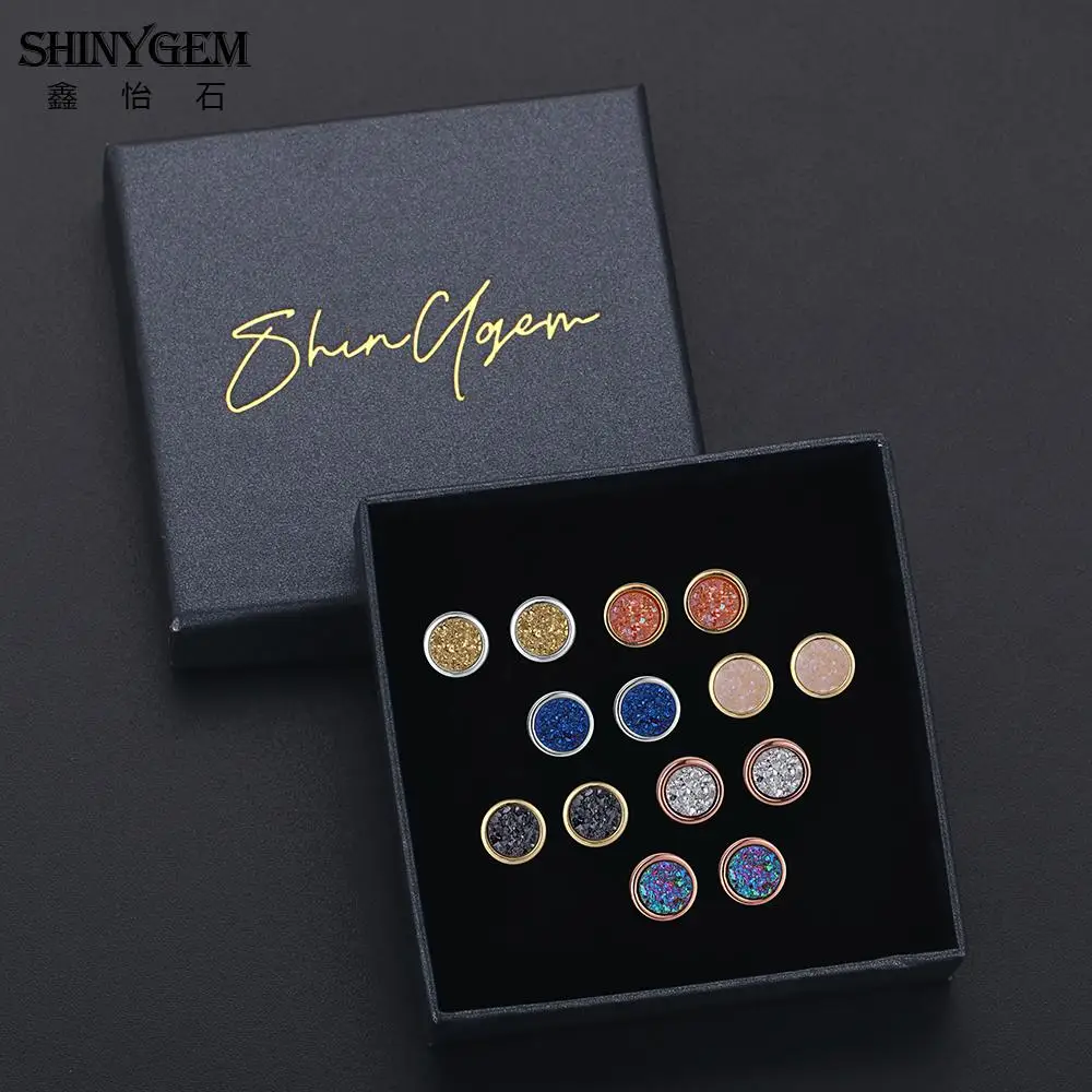 

ShinyGem One Week Earrings Set Round Druzy Fashion Jewelry Natural Sparkling Crystal Mixed Color Stud Earrings For Women 2019