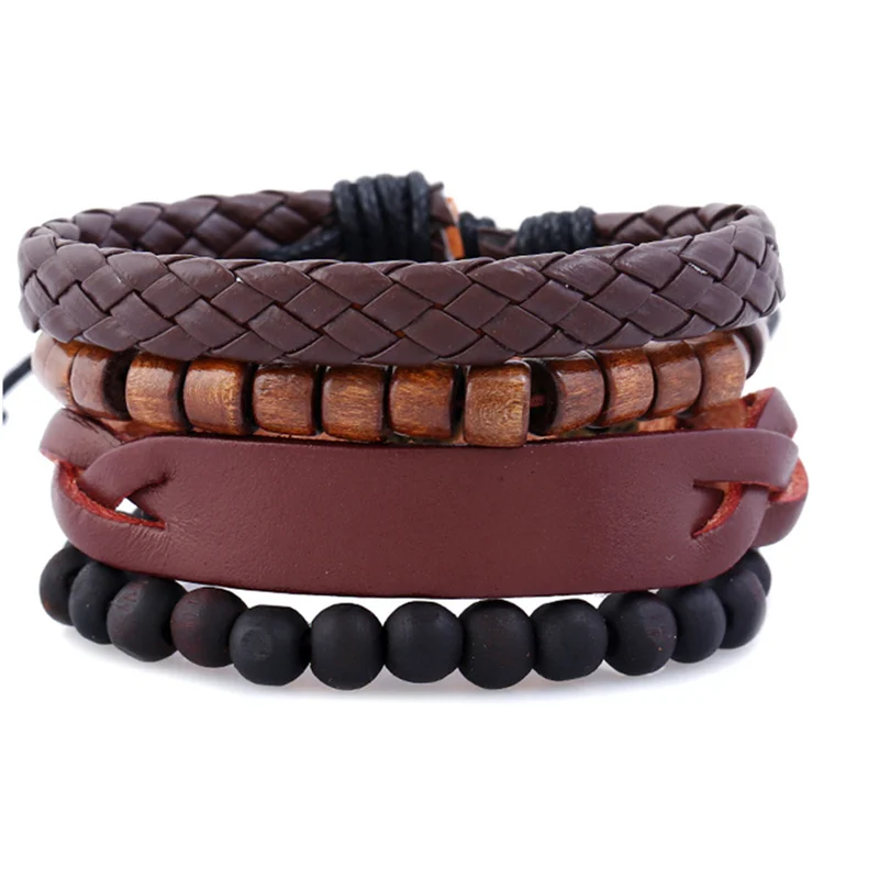 1set/4pcs Leather Bracelets Men Bangle Womens Male Wristband Wrap Bracelet Cuir Homme Pulserira Masculina | Украшения и