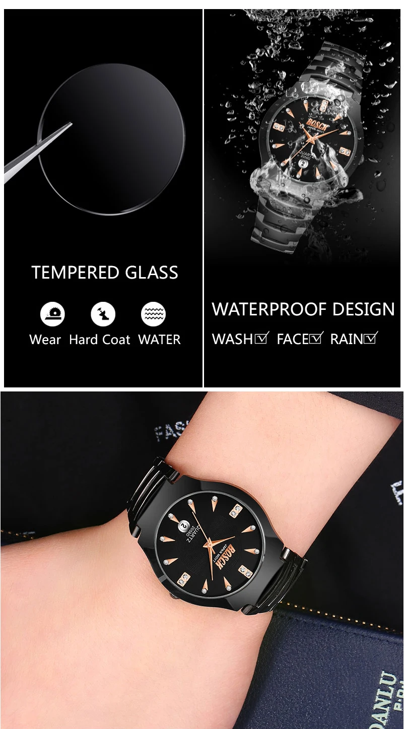 Роскошный унисекс часы Вольфрам Сталь календарь Водонепроницаемый любителей моды кварцевые часы Для мужчин Для женщин наручные часы