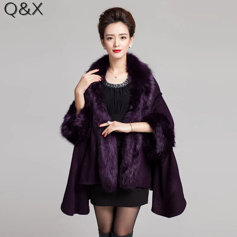 

SC100 2018 Winter Warm Long Sleeves Knitted Faux Fur Poncho Cape Cashmere Solid Shawl Women Imitation Fur European Cardigan Coat