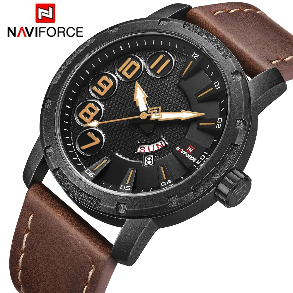 NAVIFORCE мужские часы модные спортивные дата неделя кожа кварцевые наручные 30 м