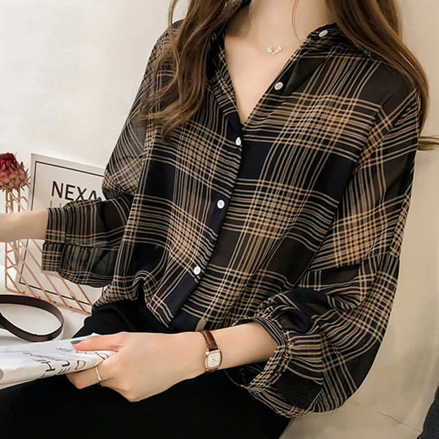 

2019 Autumn Chic Plaid Shirts Women Batwing Sleeve Chiffon Blouses Casual Chemise Femme Tops Plus Size Tartan Blusas Mujer
