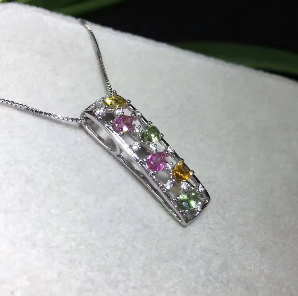  Naturel multicolore tourmaline pendentif naturel pierre gemme pendentif collier 925 argent mode rec