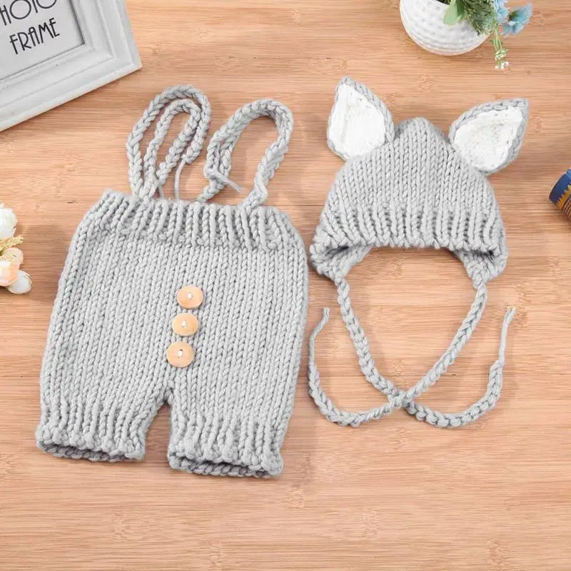 Newborn Baby Knitted Overalls for Photography Props 2pcs/set Infant Studio Clothes Set with Knit Ear Hats Kids Photo Prop | Детская