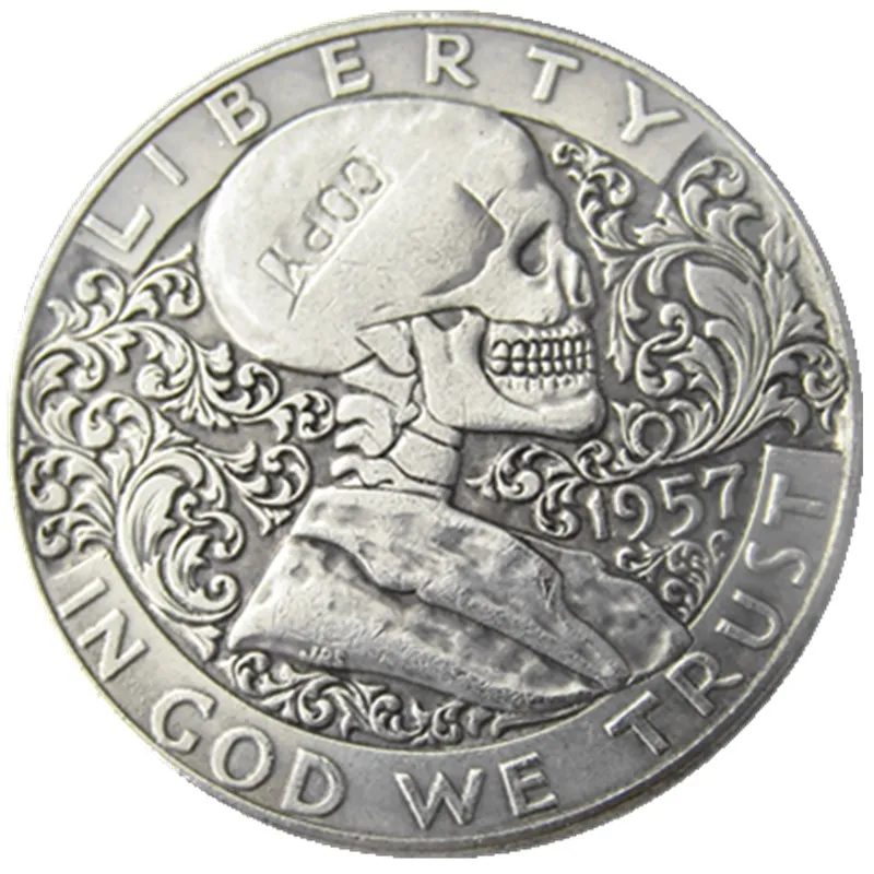 

Hobo Creative 1957 Franklin Silver Half Dollar skull zombie skeleton hand carved Copy Coins