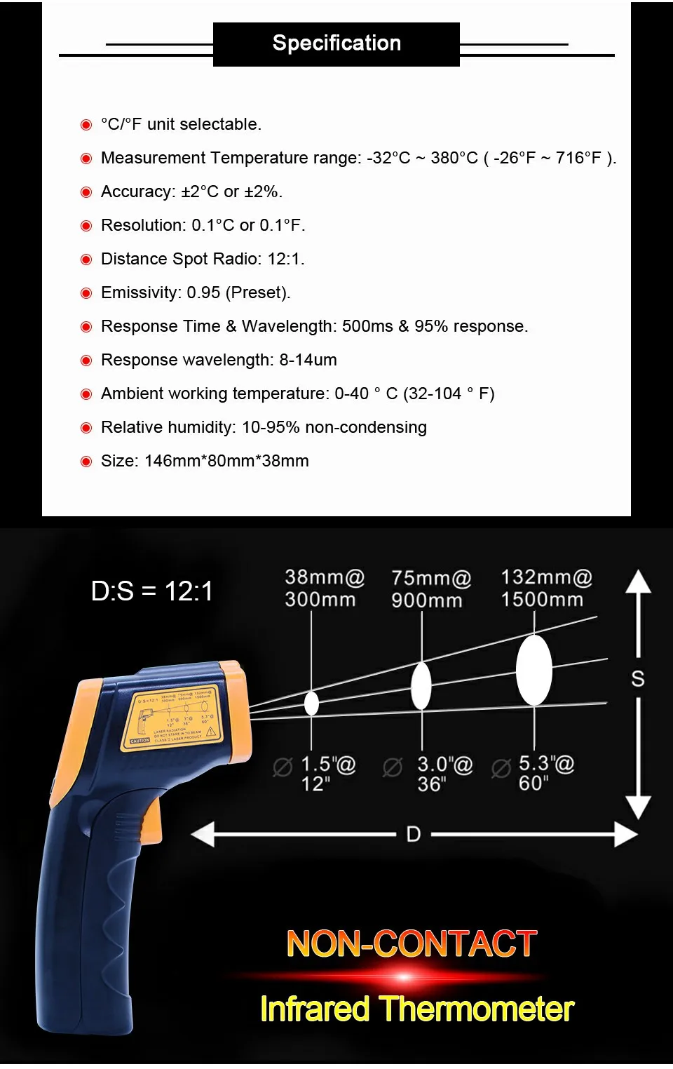 AR320 инфракрасный термометр цифровой ИК термометр Бесконтактный ИК лазерный точечный пистолет пирометр-32C~ 380C(-26F-716F) Удержание данных