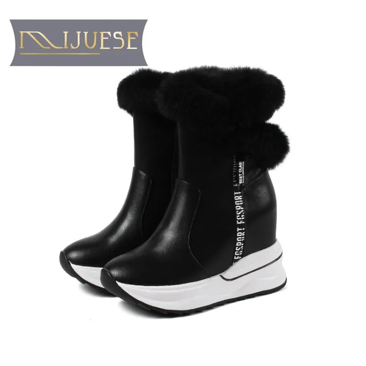 

MLJUESE 2019 women snow boots Cow leather zippers black color winter warm plush increasing wedges boots women ankle boots