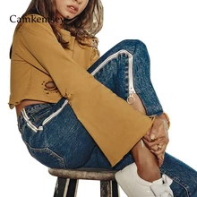 CamKemsey, уличная одежда, с боковой полосой, на молнии, синие джинсы для женщин,, модные, с бахромой, высокая талия, джинсы для женщин, джинсовые брюки-клеш