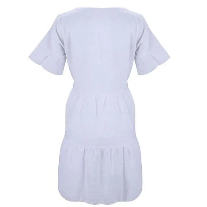 New Womens Summer Fashion Casual Solid V-Neck Short Sleeveless Mini White Dress Casual Holiday Beach Elegant Lady Dress #4R07 (9)