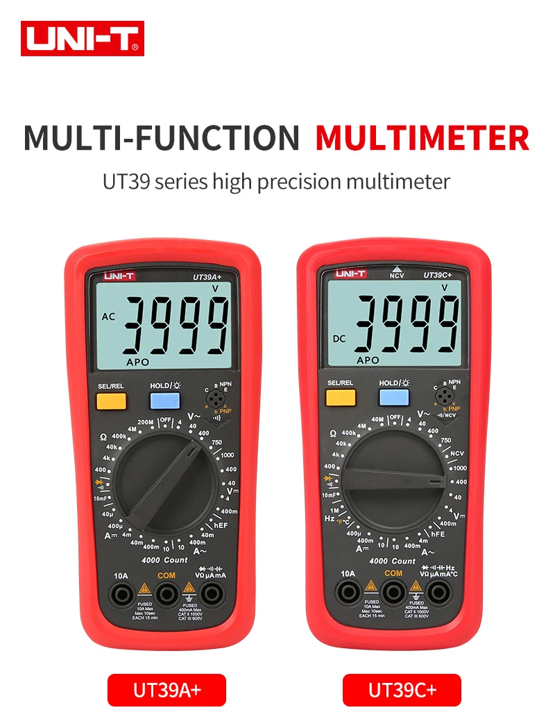 UNI-T UT39C+ цифровой мультиметр Авто Диапазон тест er обновлен от UT39A/UT39C AC DC V/A Ом/температура/частота/HFE/NCV тест