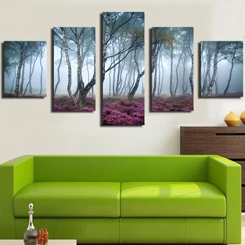 

Hot sell 5piece stanton moor peak district uk forest wildflowers fog oil painting print on canvas modern wall home decor
