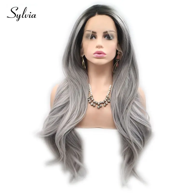 Sylvia Long Natural Straight Wigs Black To Dark Grey Ombre