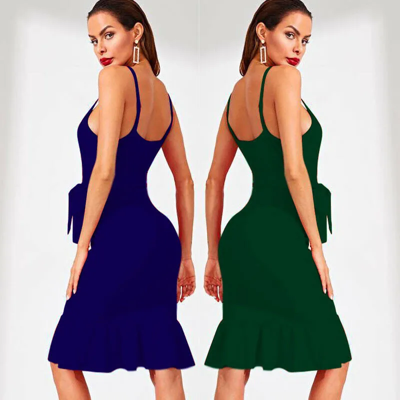 

Women's Beach Dress Summer Women's Belt Slim Fit Wrap Ruffled Sling Dress Cocktail Party