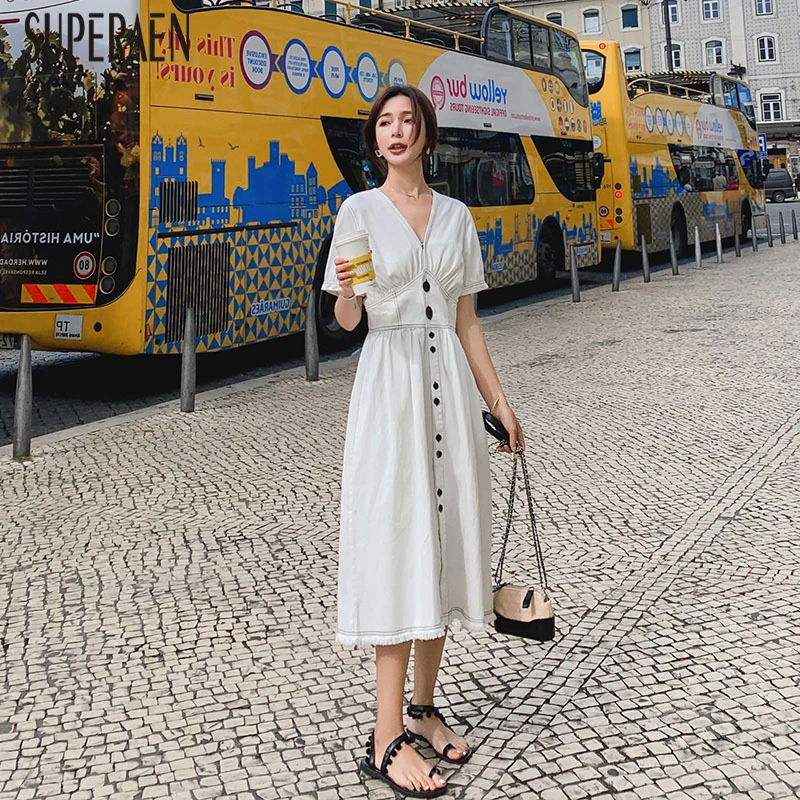 

SuperAen White Temperament Dress Female Short Sleeve Casual Ladies Dress Summer New 2019 Solid Color Women Clothing