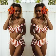 Женский сексуальный полосатый купальник из двух частей с v-образным вырезом и высокой талией, бразильский комплект бикини, пляжная одежда, купальник, пляжная одежда