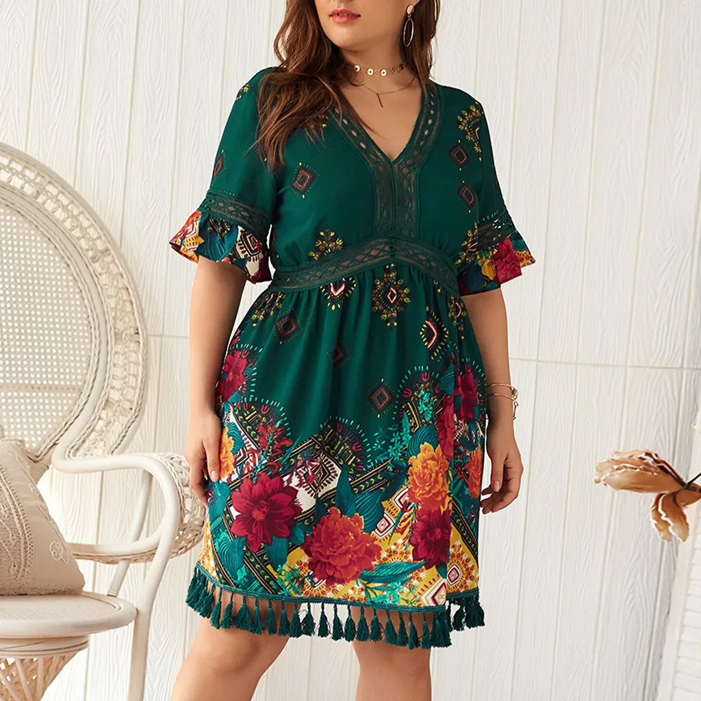 Plus Size Women Summer Dress Bohemian Floral Print Tassels Short Sleeve Dress Vintage Women V-Neck Beach Dresses roupas feminina